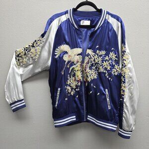 Standard Issue NYC Jacket Mens XL Blue Satin Bomber Embroidered Crane Sukajan